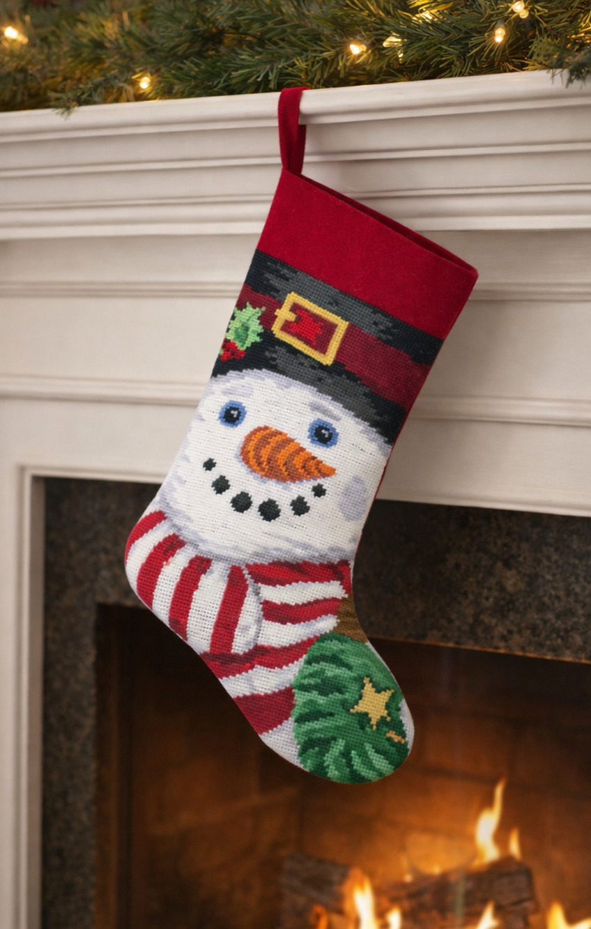 VTG 90s Lillian Vernon Christmas 20" Stocking Needlepoint Wool Snowman